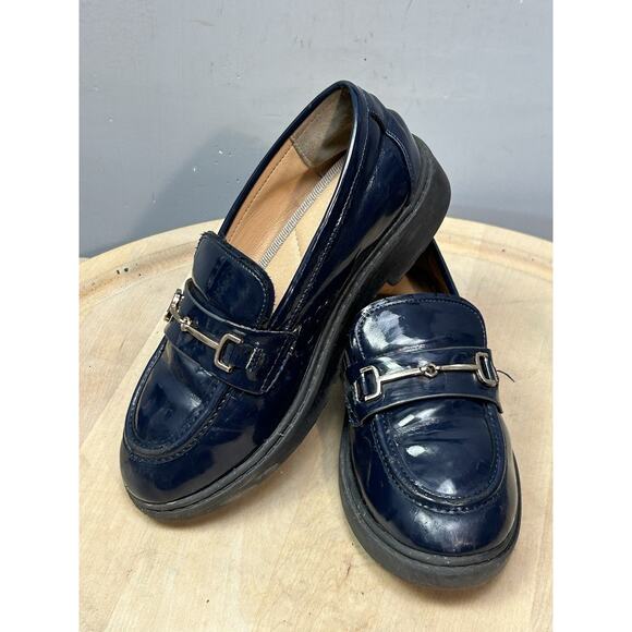 Coutgo Patent Leather Blue Loafers Girl Size‎ 1 Chunky Shiny - Picture 1 of 8